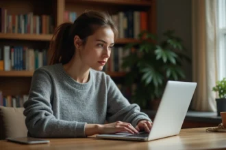 Femme concentrée jouant à Pédantix sur un ordinateur portable dans un bureau à domicile entouré de livres de référence