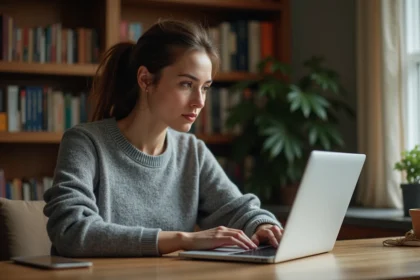 Femme concentrée jouant à Pédantix sur un ordinateur portable dans un bureau à domicile entouré de livres de référence