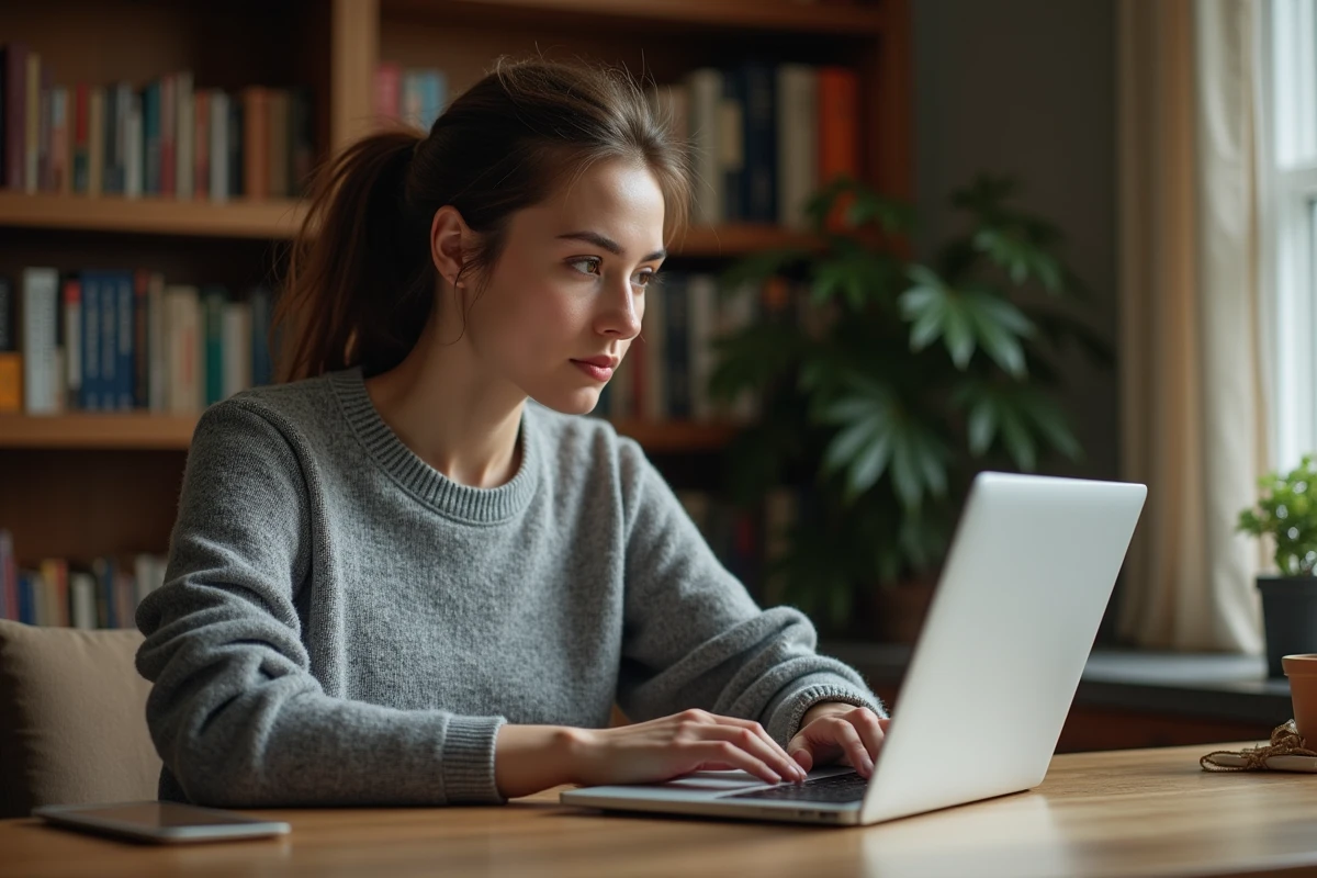 Femme concentrée jouant à Pédantix sur un ordinateur portable dans un bureau à domicile entouré de livres de référence