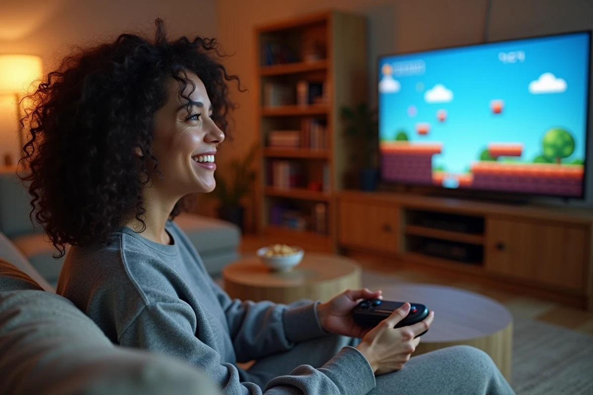 Femme jouant à des jeux rétro sur une console moderne connectée à un téléviseur dans un salon confortable