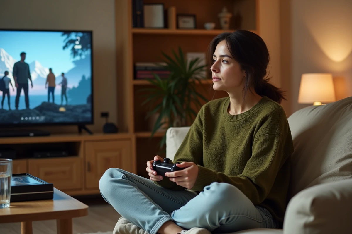 Femme joueuse réfléchissant au choix de son personnage de jeu vidéo dans un salon confortable avec manette en main