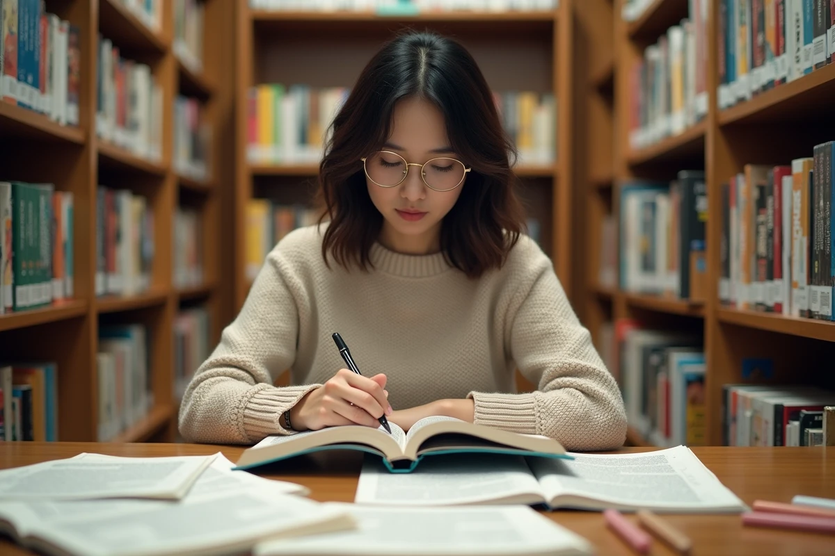 Femme lit un volume de manga One Piece à la bibliothèque