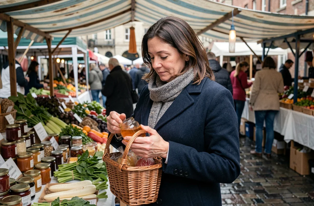 Femme tenant un panier en osier dans un marché en plein air, examinant un pot de confiture artisanale, symbolisant la satisfaction des petits plaisirs et des désirs authentiques