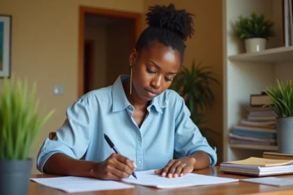 Femme mauricienne remplissant une enveloppe postale avec un code postal de Maurice à son bureau à domicile