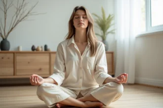 Femme méditant dans un appartement minimaliste, évoquant la connexion spirituelle et la signification de la flamme jumelle