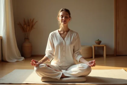 Femme en position de méditation récitant un mantra, assise sur un coussin en lin dans une pièce zen minimaliste