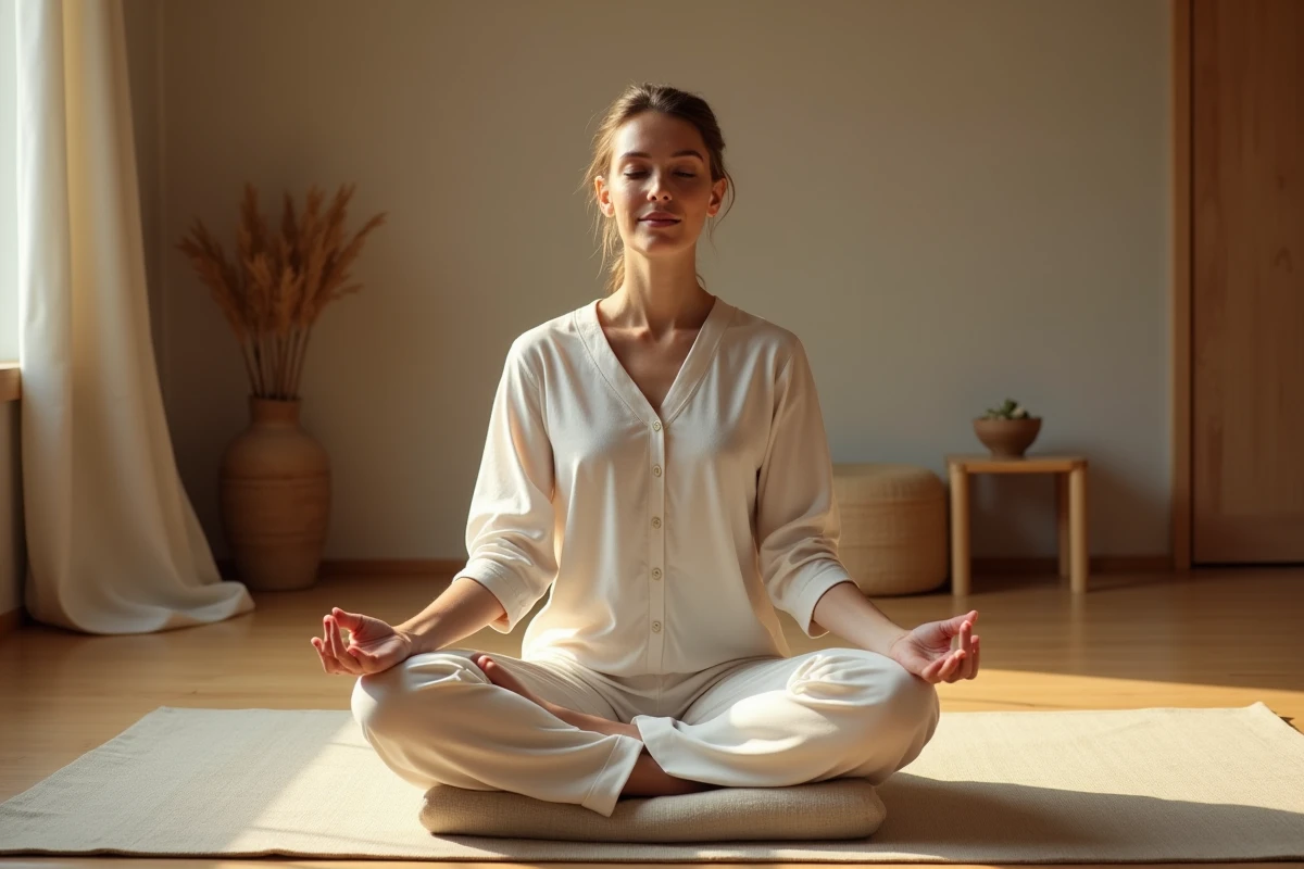 Femme en position de méditation récitant un mantra, assise sur un coussin en lin dans une pièce zen minimaliste