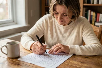 Femme d'âge mûr remplissant une grille de mots fléchés avec un stylo bille dans une cuisine chaleureuse