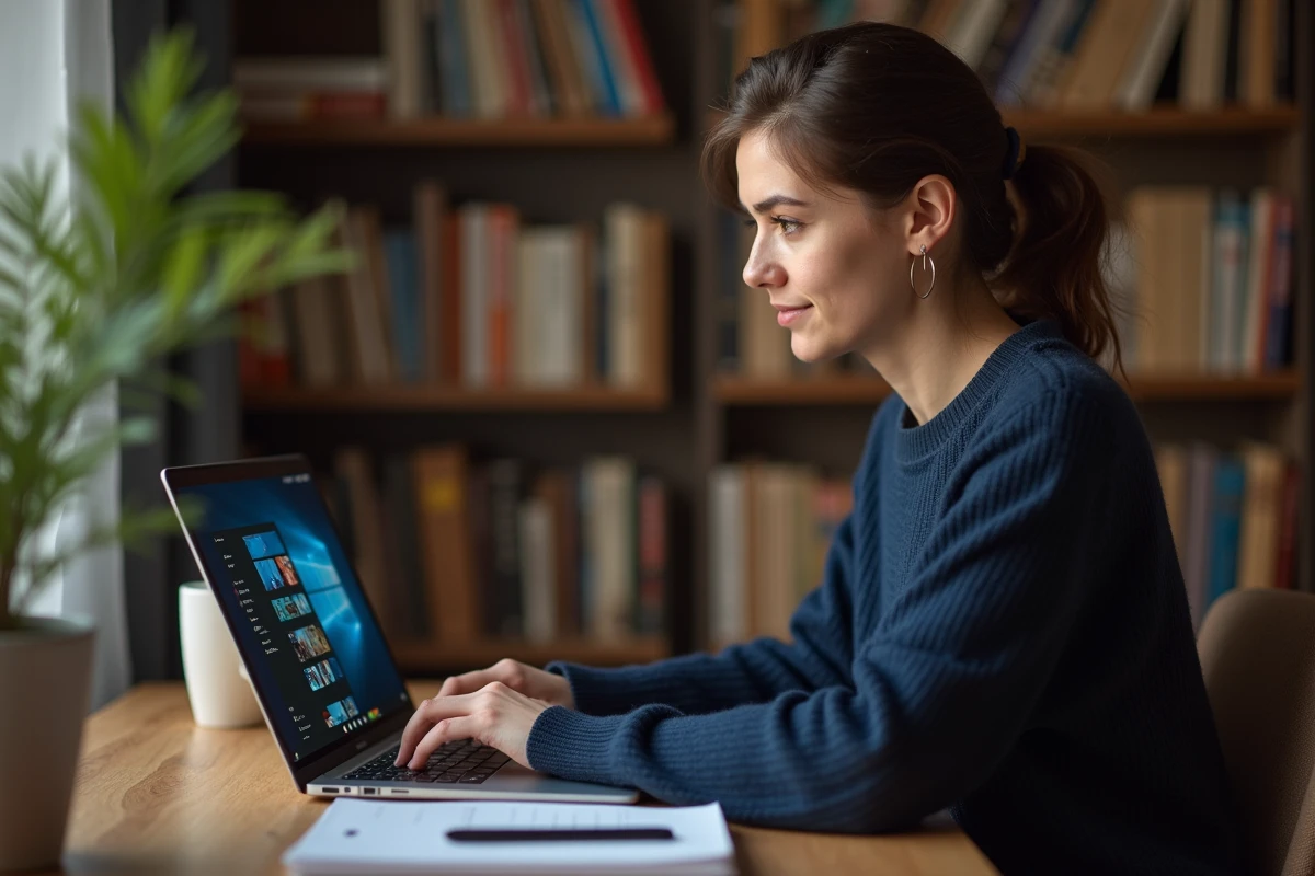 Jeune femme parcourant un site de streaming de séries manga sur un ordinateur portable dans un bureau à domicile