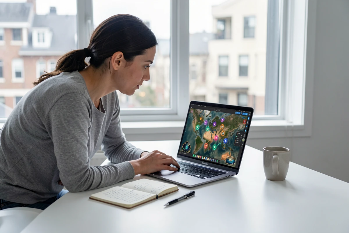 Femme prenant des notes devant un ordinateur portable montrant une carte de jeu en ligne avec des indicateurs de portails