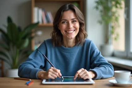 Femme souriante peignant sur une tablette digitale dans un bureau lumineux