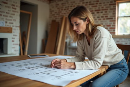 Femme examine des plans de renovation dans un salon en travaux