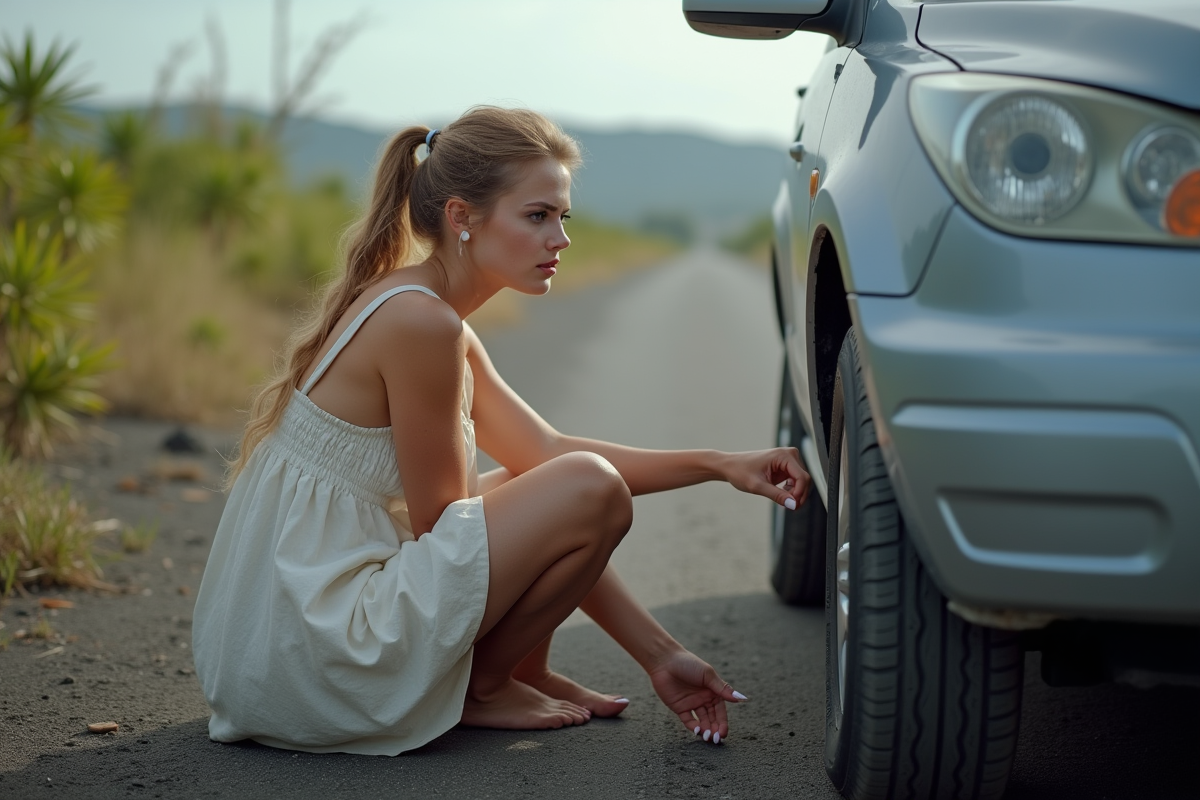 Jeune femme vérifiant un pneu sur une route de sable noir à L