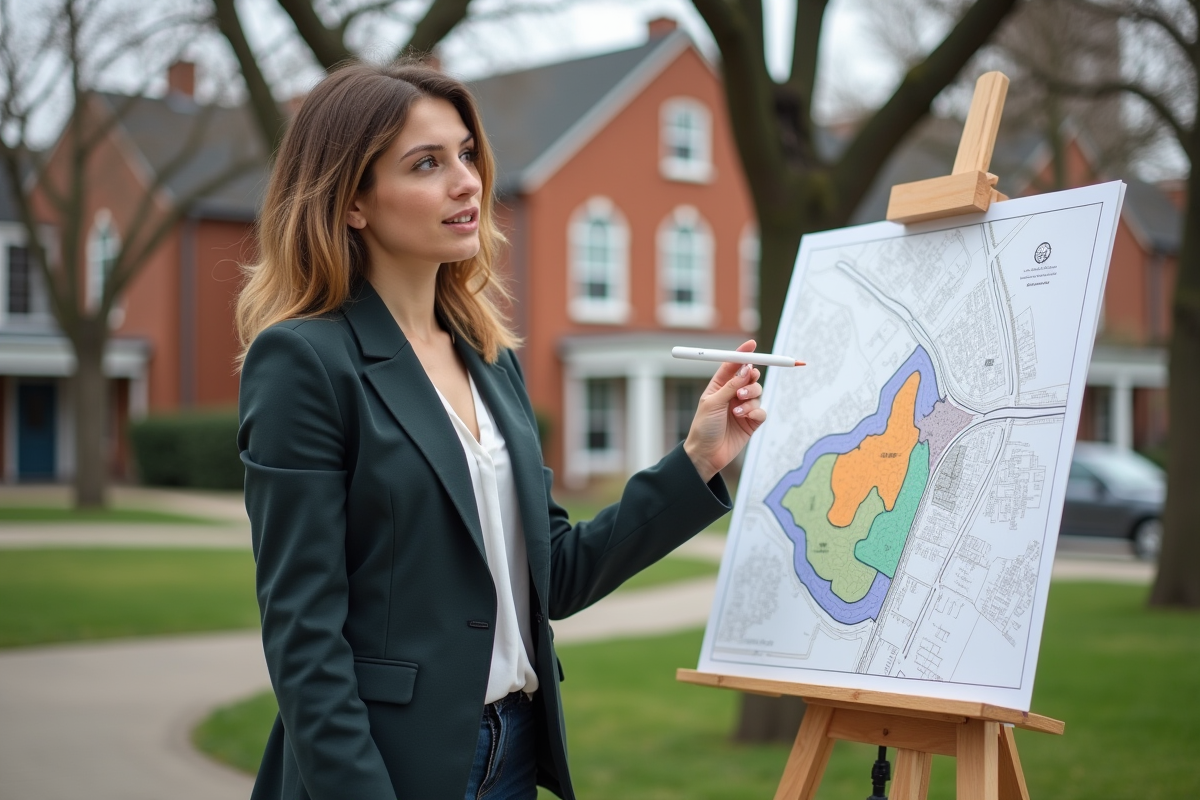 Jeune femme montrant une carte de zonage en extérieur
