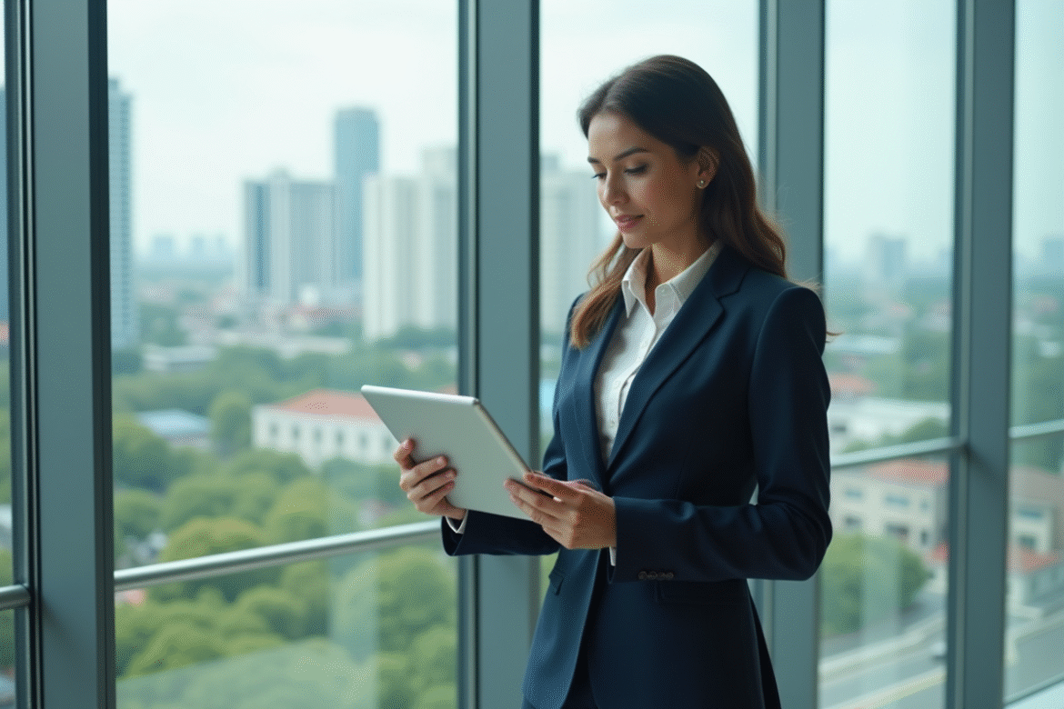 Femme d'affaires en costume regardant une tablette dans un bureau moderne