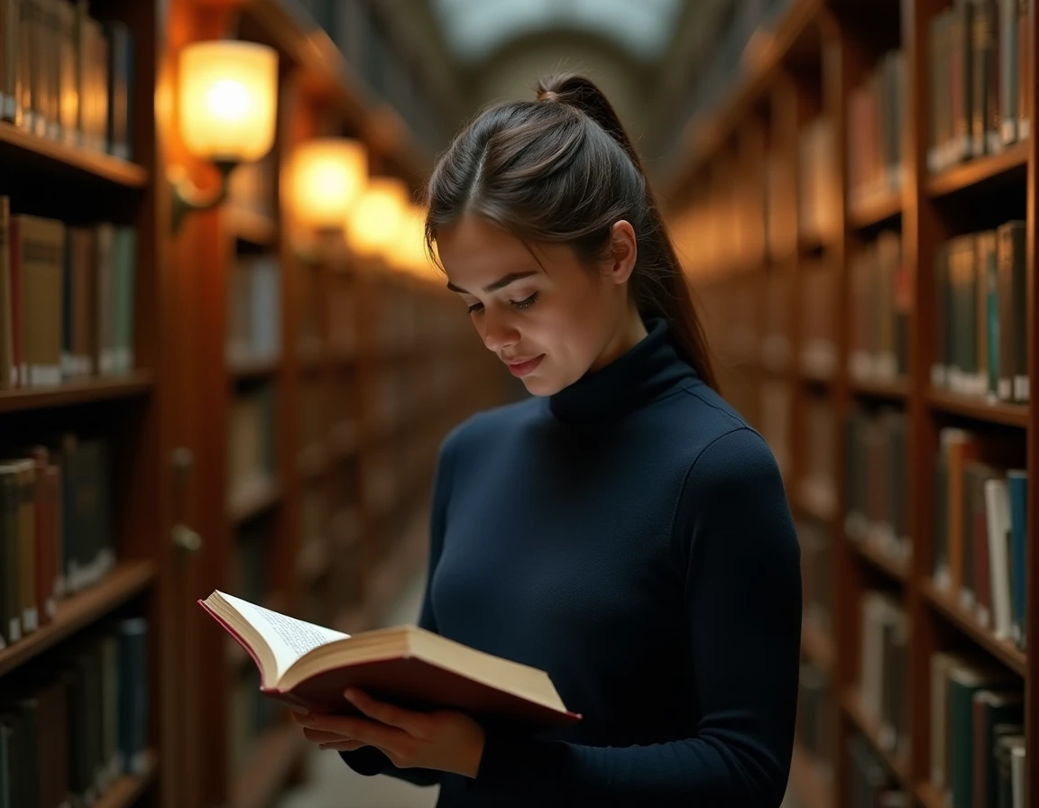 Femme aux yeux baissés dans une bibliothèque tenant un livre, attitude de retrait et langage corporel féminin discret