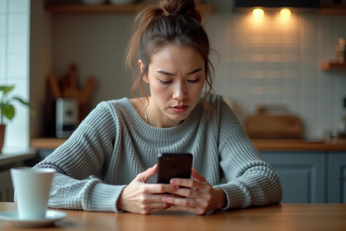 Femme consultant les réglages de confidentialité de son smartphone pour bloquer le démarchage téléphonique 0270