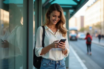 Jeune femme vérifiant une application sur son smartphone en ville