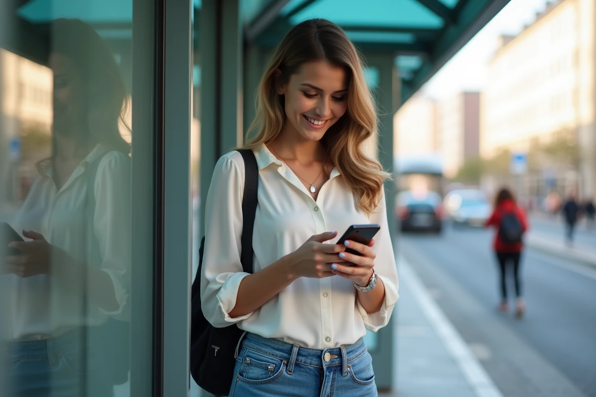 Jeune femme vérifiant une application sur son smartphone en ville