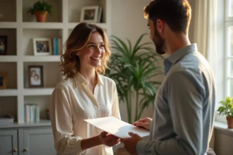 Femme souriante donnant un document signé à un jeune homme dans un salon chaleureux