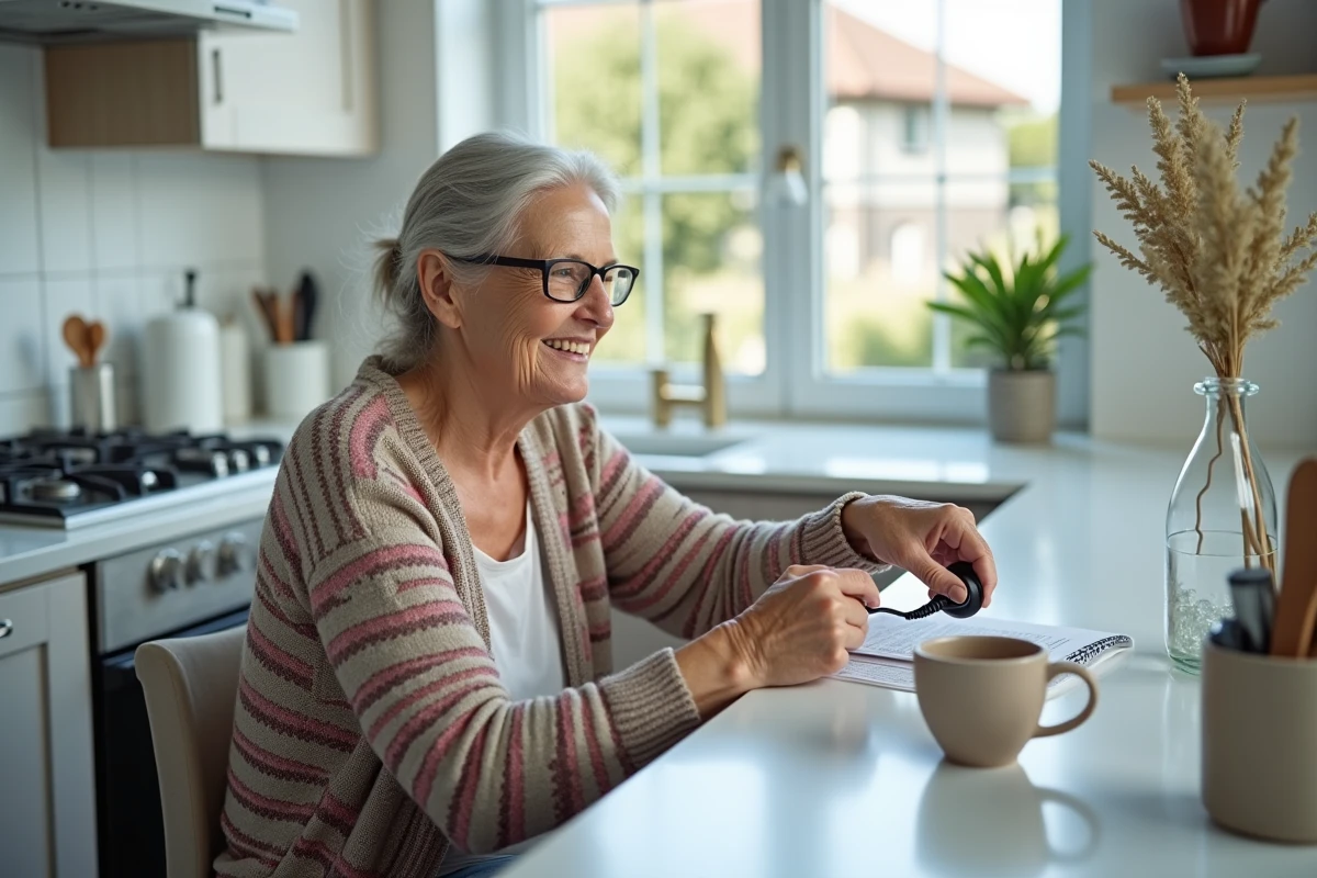 Femme âgée débranchant un téléphone dans une cuisine lumineuse