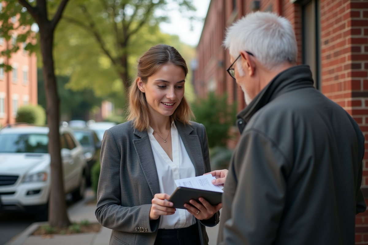 Jeune femme discute avec un voisin devant une maison