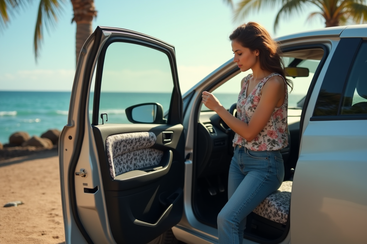 Femme vérifiant la pression des pneus d