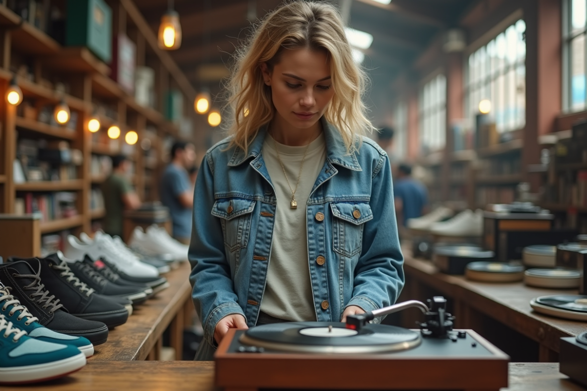 Femme en denim examine un tourne-disque vintage dans un marché d'occasion