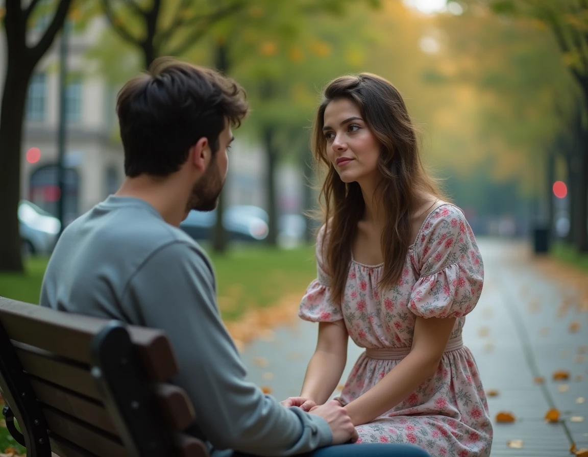 Femme qui baisse les yeux pendant une conversation avec un homme dans un parc, signification de l'attirance ou du rejet dans le langage corporel