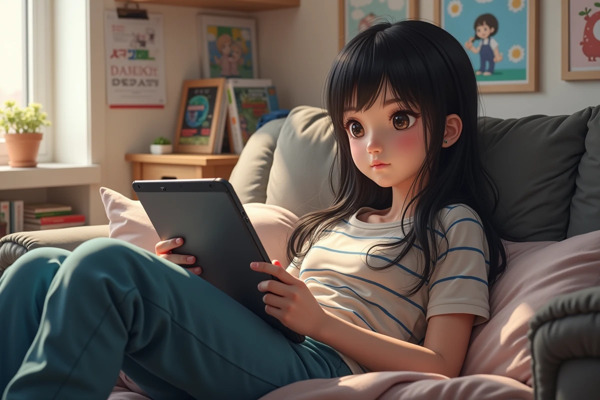 Adolescente détendue lisant manga sur sa tablette dans sa chambre