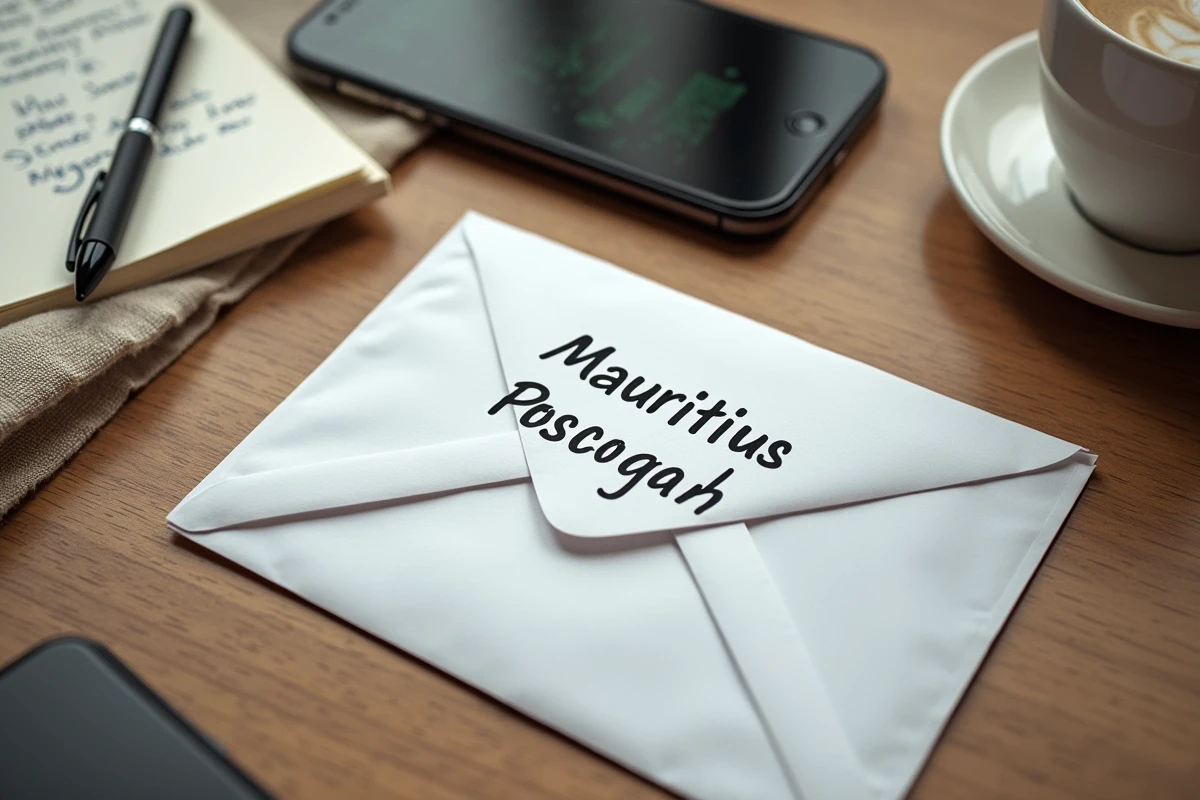 Vue de dessus d'une enveloppe avec adresse et code postal Maurice, smartphone affichant une carte postale et notes manuscrites