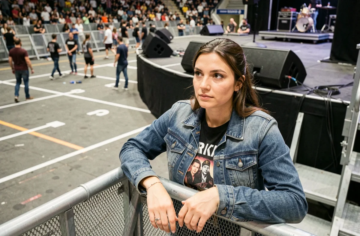 Jeune femme en fosse devant la scène de l'Accor Arena Paris attendant le début du spectacle