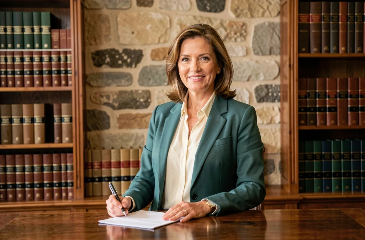 Avocate Frédérique Martin à Cognac, en blazer vert sarcelle devant des murs en pierre et une bibliothèque de droit
