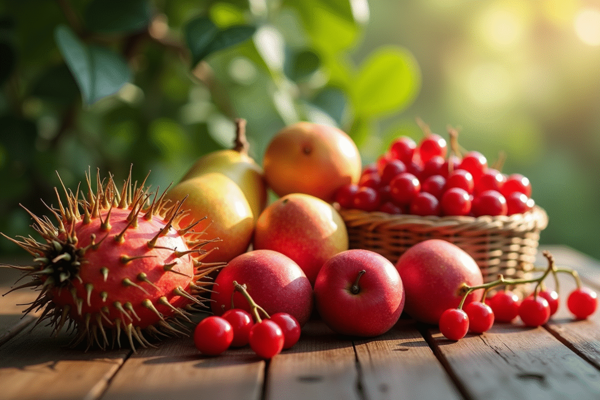 Arrangement de fruits rares rouges sur une table en bois