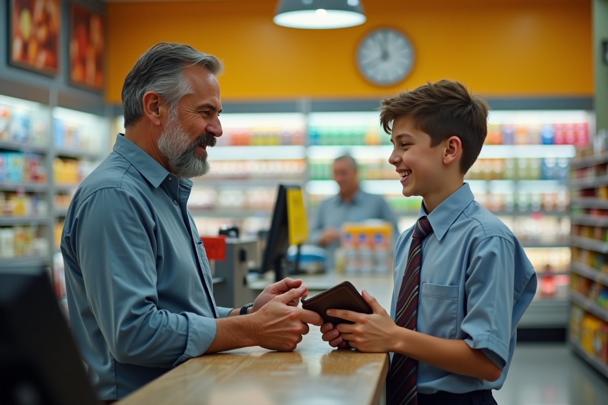 Garçon souriant payant ses courses avec son père