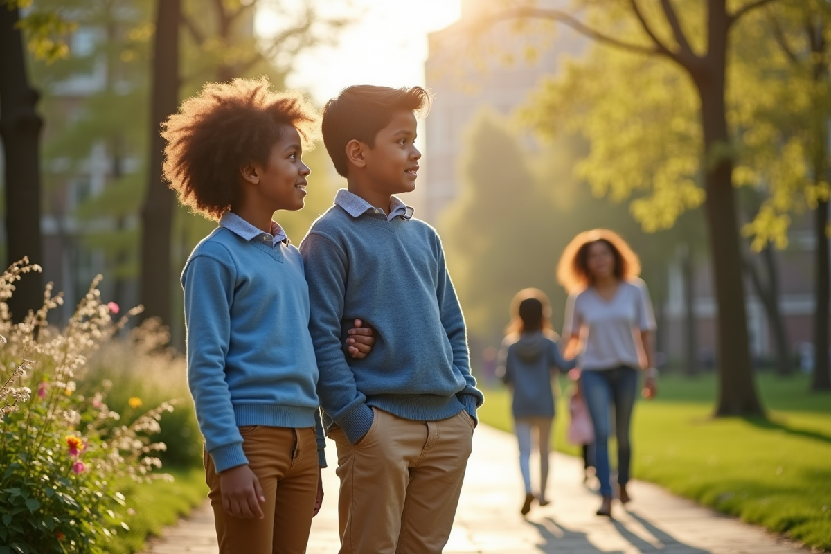 Garçon de 10 ans avec sa mère dans un parc urbain ensoleille