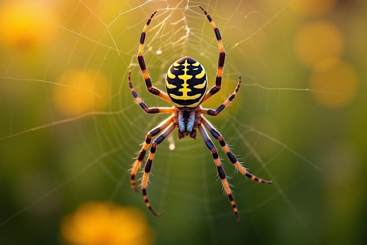 Gros plan d'une araignée Argiope au centre de sa toile, évoquant le pouvoir et la précision des membres de la Troupe des Araignées dans HxH