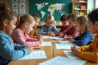 Enfants d école primaire autour d une table avec des énigmes
