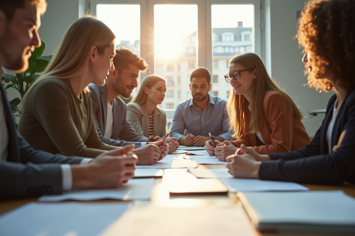 Groupe de jeunes professionnels discutant autour d'un bureau lumineux