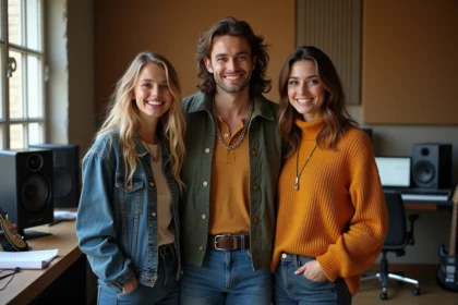 Trois jeunes adultes dans un studio de musique lumineux