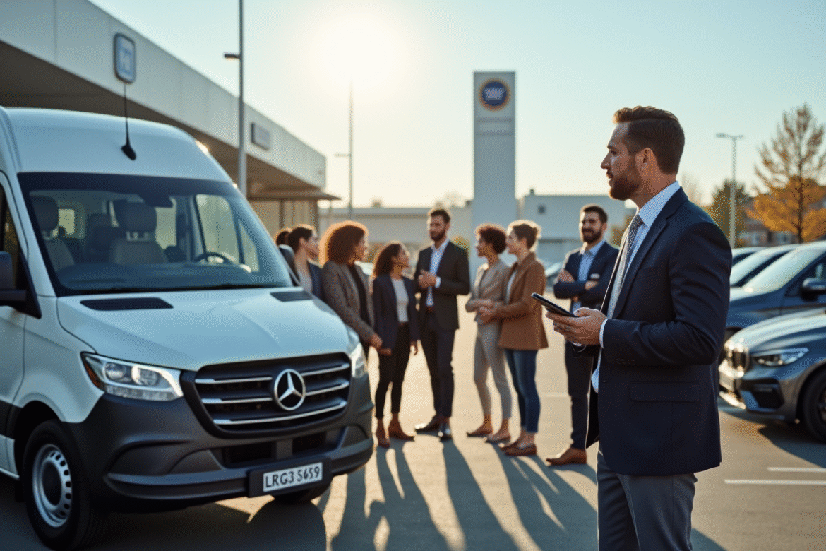 Groupe de personnes discutant financement d un minibus moderne