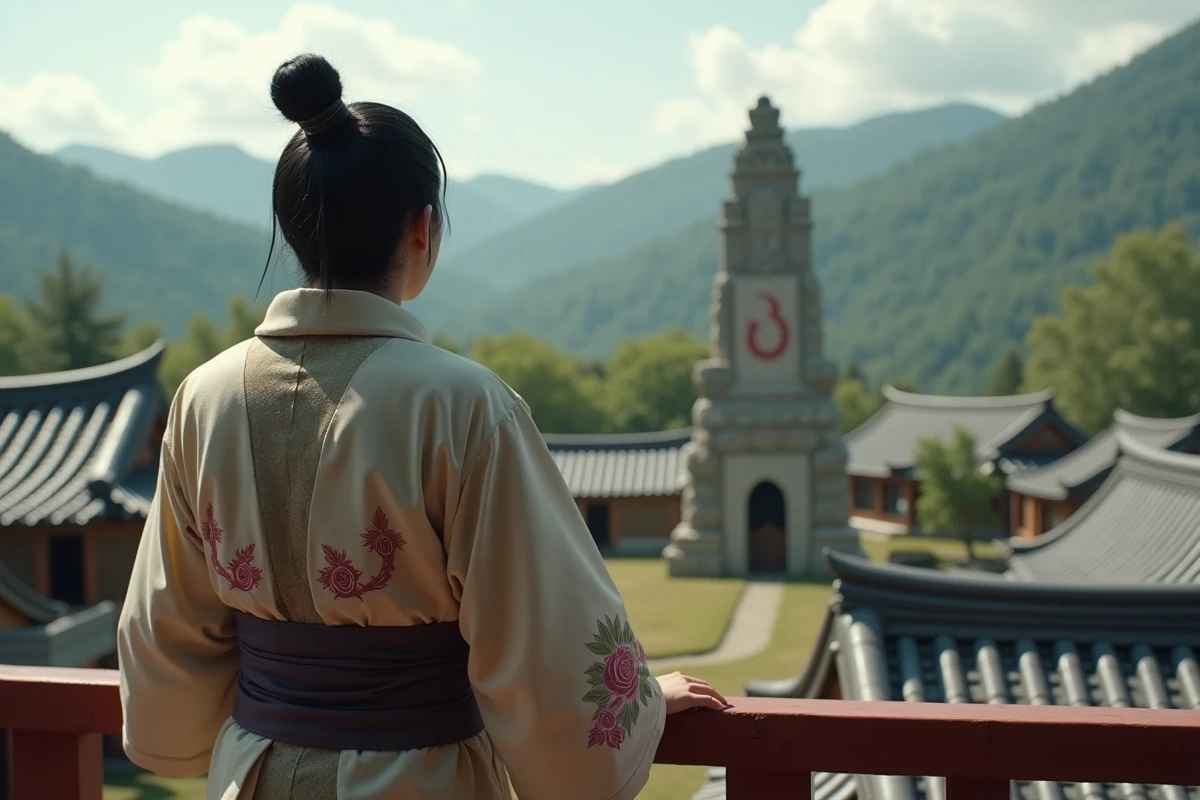 Jeune homme en cosplay Hokage regardant la ville