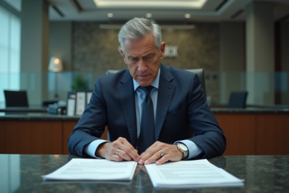 Homme d'affaires anxieux dans une banque moderne