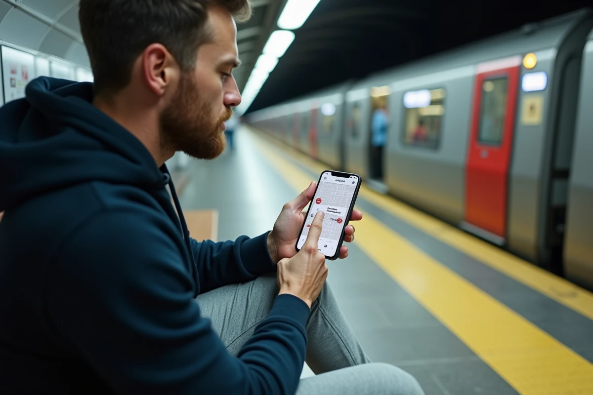 Homme utilisant l'application TCL sur smartphone pour naviguer dans le métro de Lyon