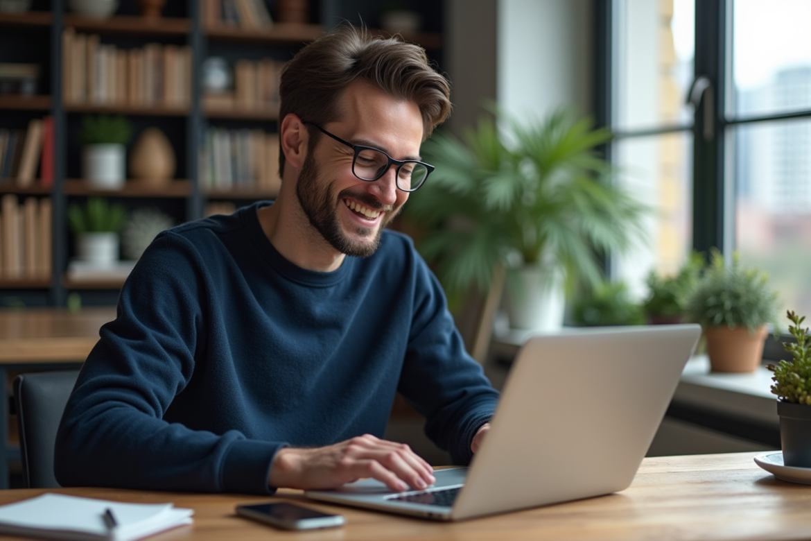 Homme concentré sur son ordinateur dans un bureau cosy