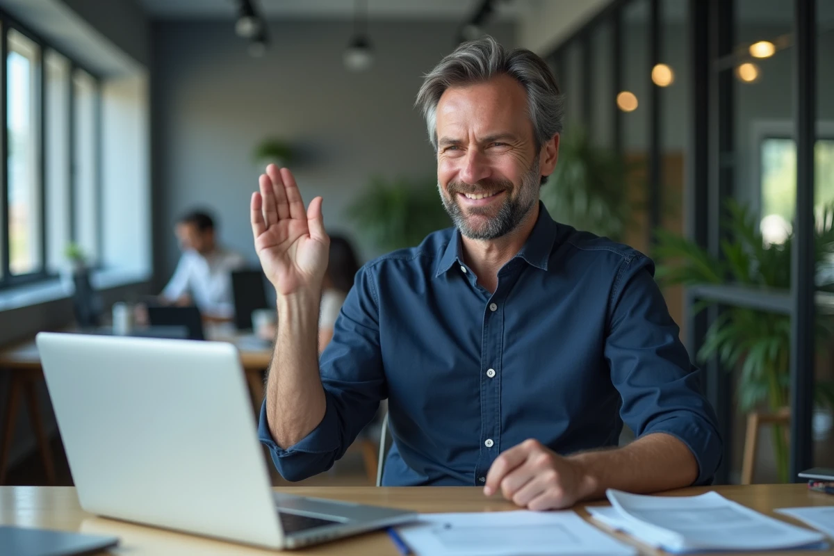 Homme au bureau croisant les doigts devant son ordinateur portable pour promettre ou rassurer
