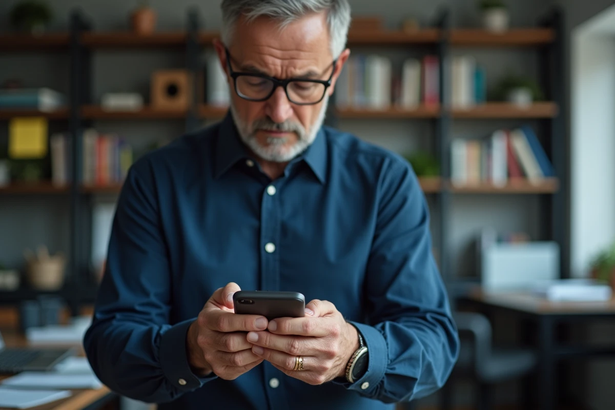 Homme en bureau à domicile configurant les options de filtrage des appels indésirables sur son téléphone mobile