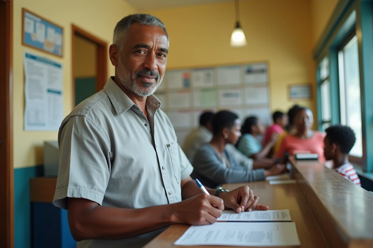 Homme mauricien complétant un formulaire postal avec un code postal à un bureau de poste de Port Louis