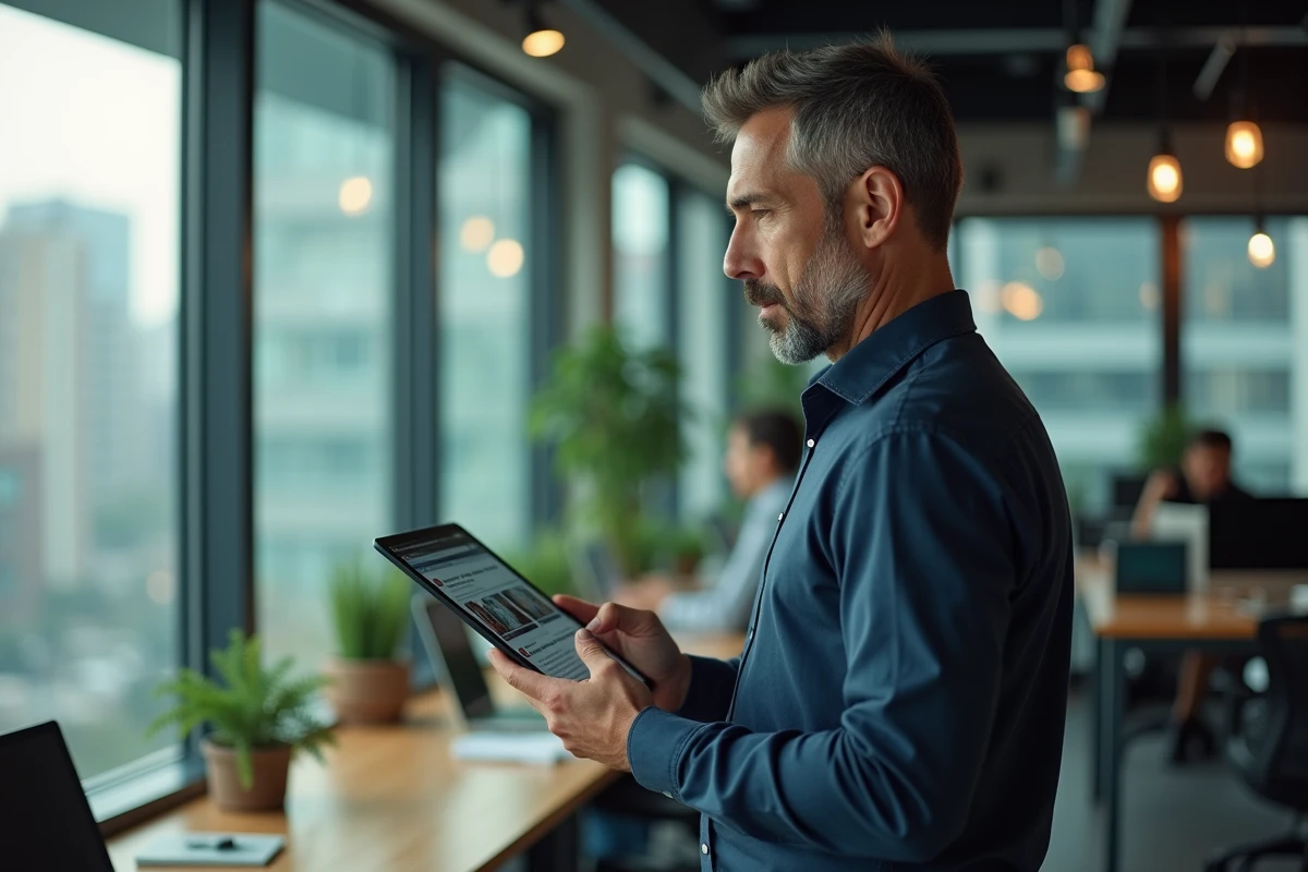 Professionnel masculin évaluant un condensé d'informations quotidiennes sur tablette dans un espace de coworking