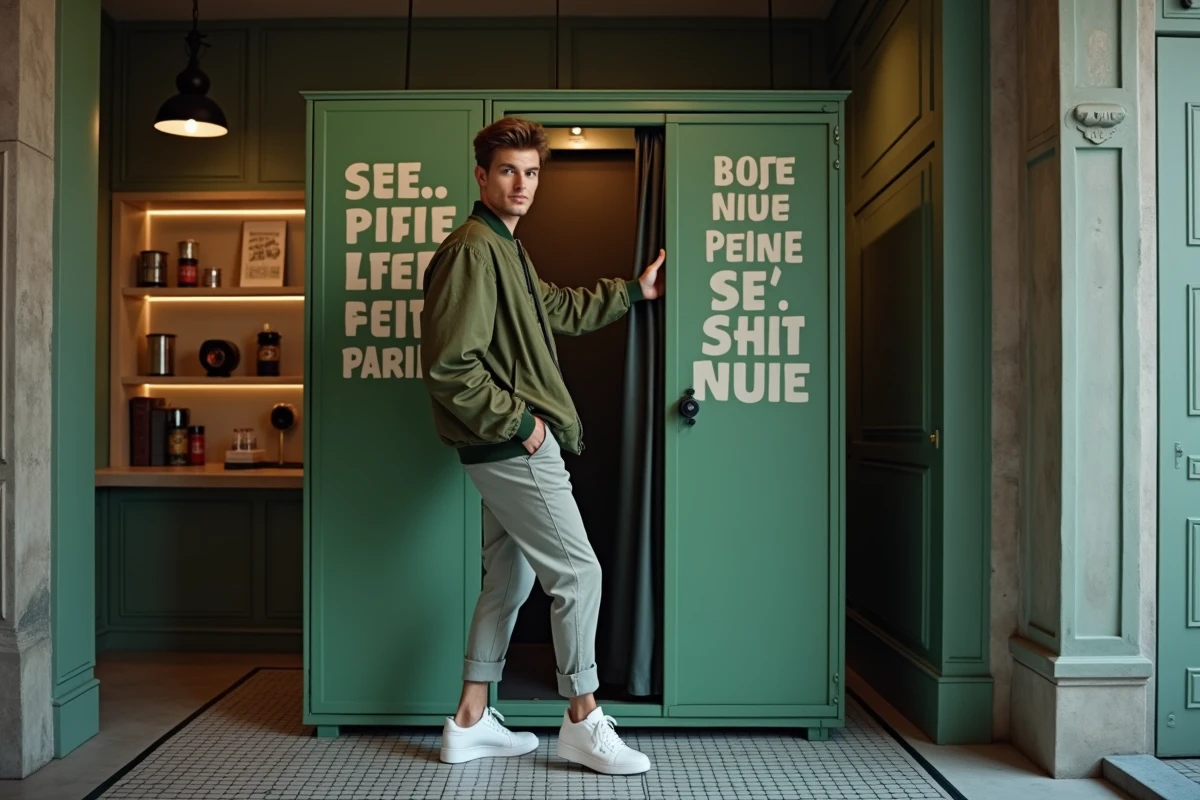Jeune homme entrant dans une cabine photo 4 cut dans un studio tendance de Paris en 2026